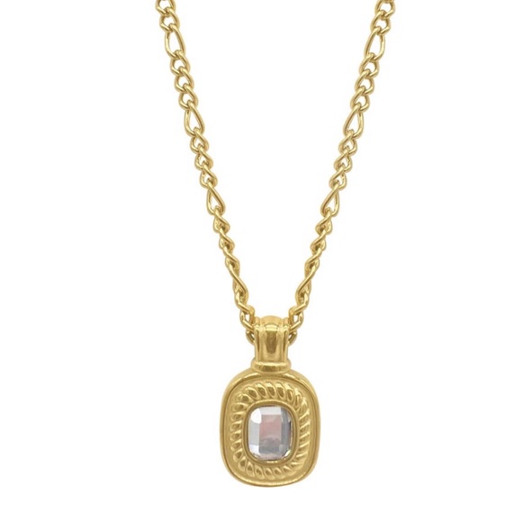 14k Gold Plated Gemstone Crystal Braided Box Pendant Charm Figaro Chain Necklace - Picture 3 of 6